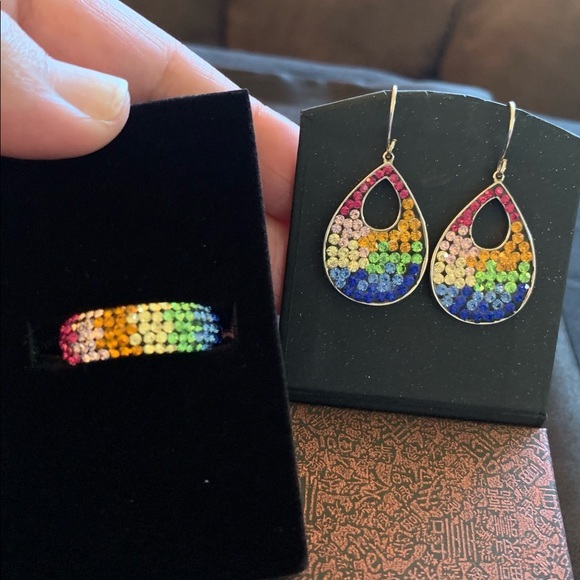 Sterling silver ombré rainbow earrings and ring set - Picture 1 of 8